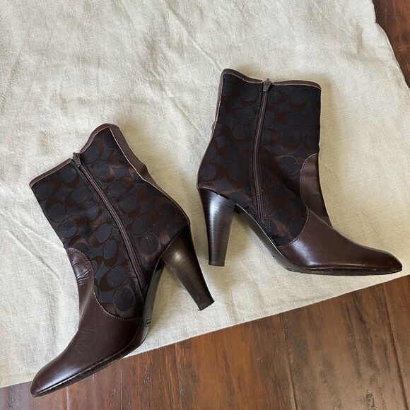 COACH Melinda Boots Brown Fabric Leather Heeled Signature Logo - Picture 4 of 11